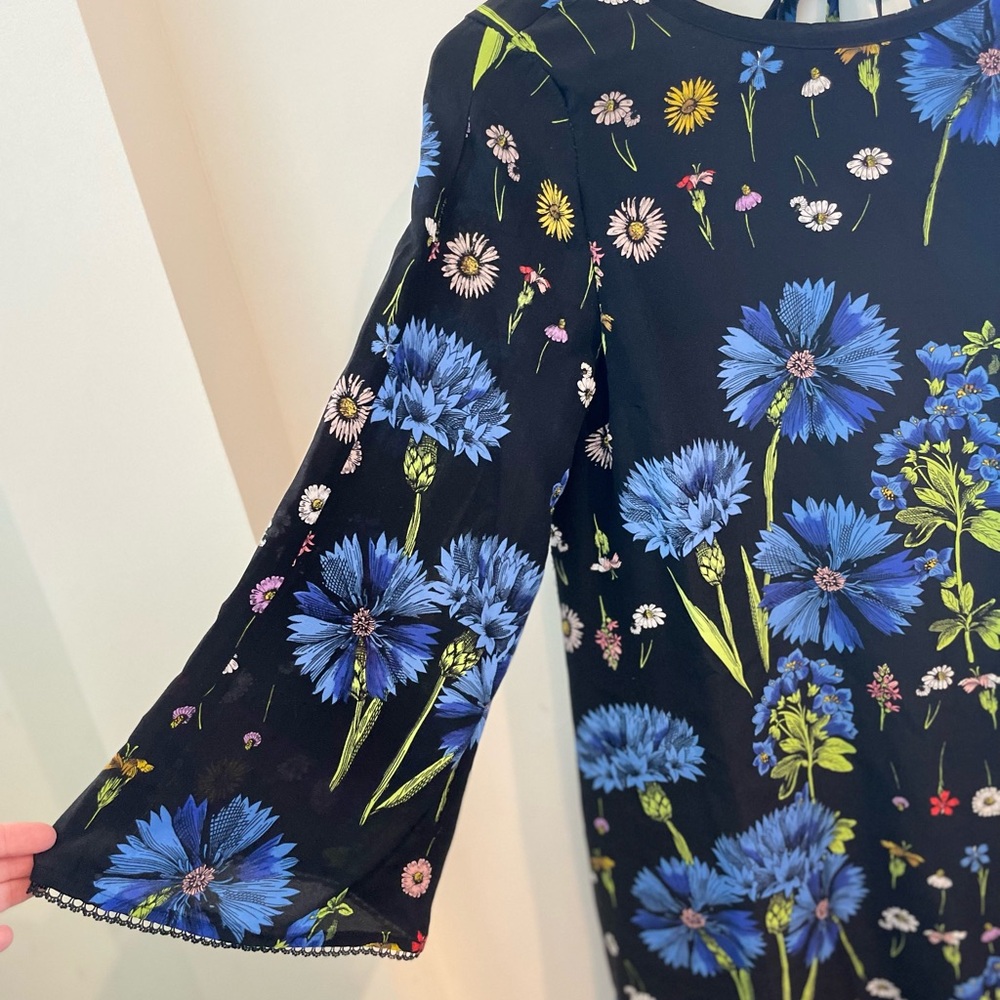 Anthro Maeve Black Floral Shift Dress Blue Yellow Mini 3/4 Sleeve - Picture 4 of 5